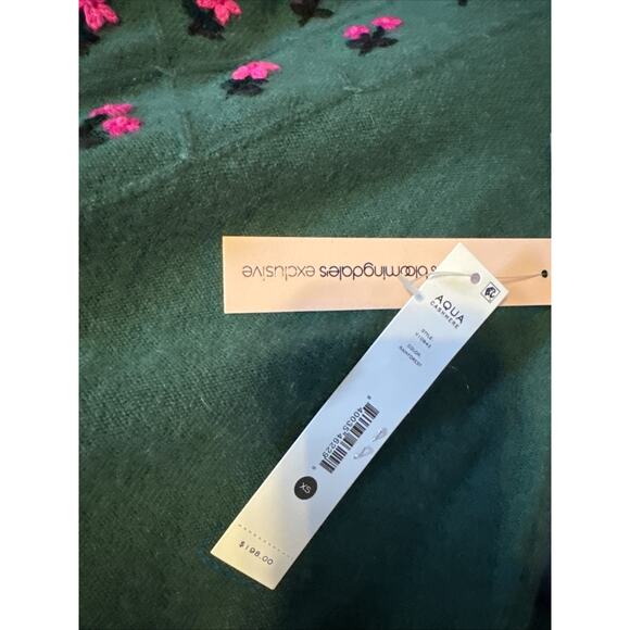 Aqua Cashmere 100% Green Sweater Pink Embroidered Flower Design Women's Size XS - Picture 14 of 15